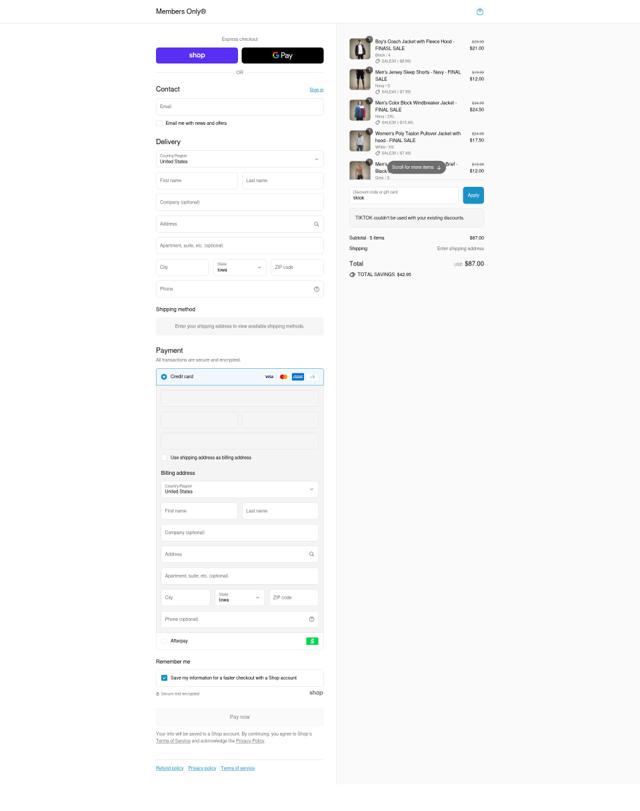 Members Only checkout page showing Members Only discount code box | Screenshot taken by SimplyCodes community member on Sep 13, 2025