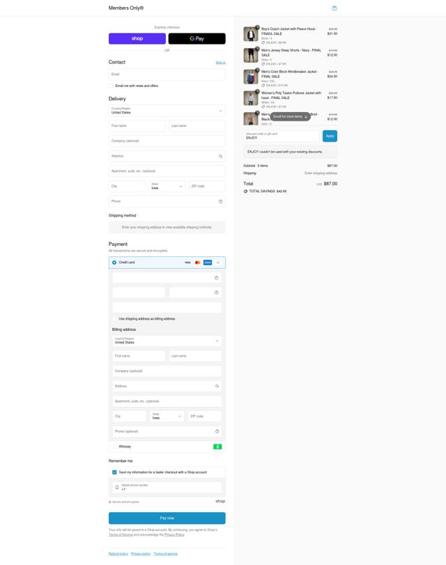 Members Only checkout page showing Members Only discount code box | Screenshot taken by SimplyCodes community member on Sep 13, 2025