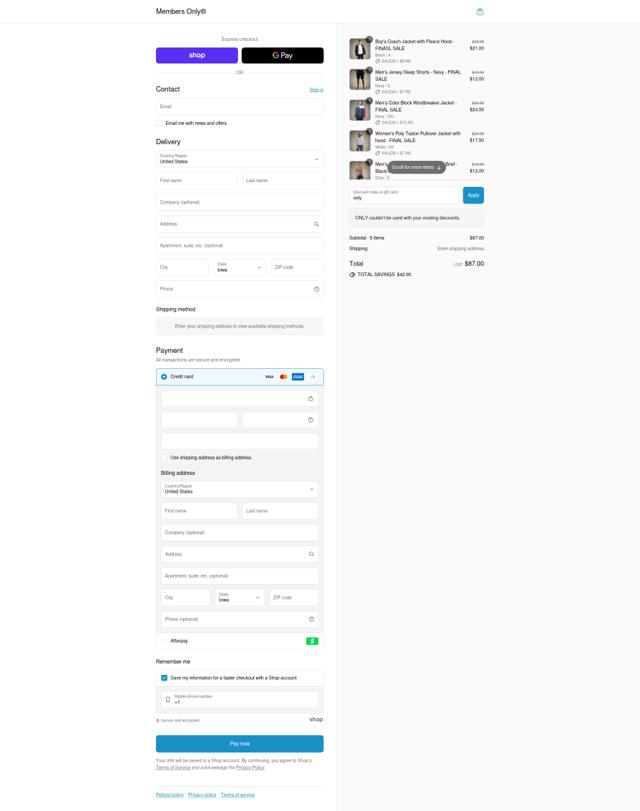 Members Only checkout page showing Members Only discount code box | Screenshot taken by SimplyCodes community member on Sep 13, 2025