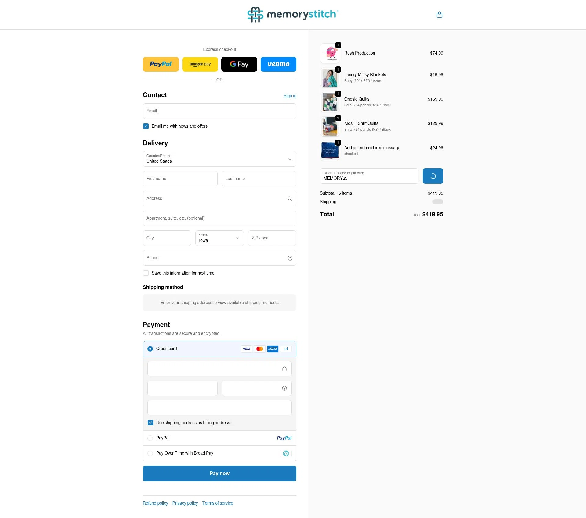 MemoryStitch checkout page showing MemoryStitch promo code box | Screenshot taken by SimplyCodes community member on Jan 4, 2026