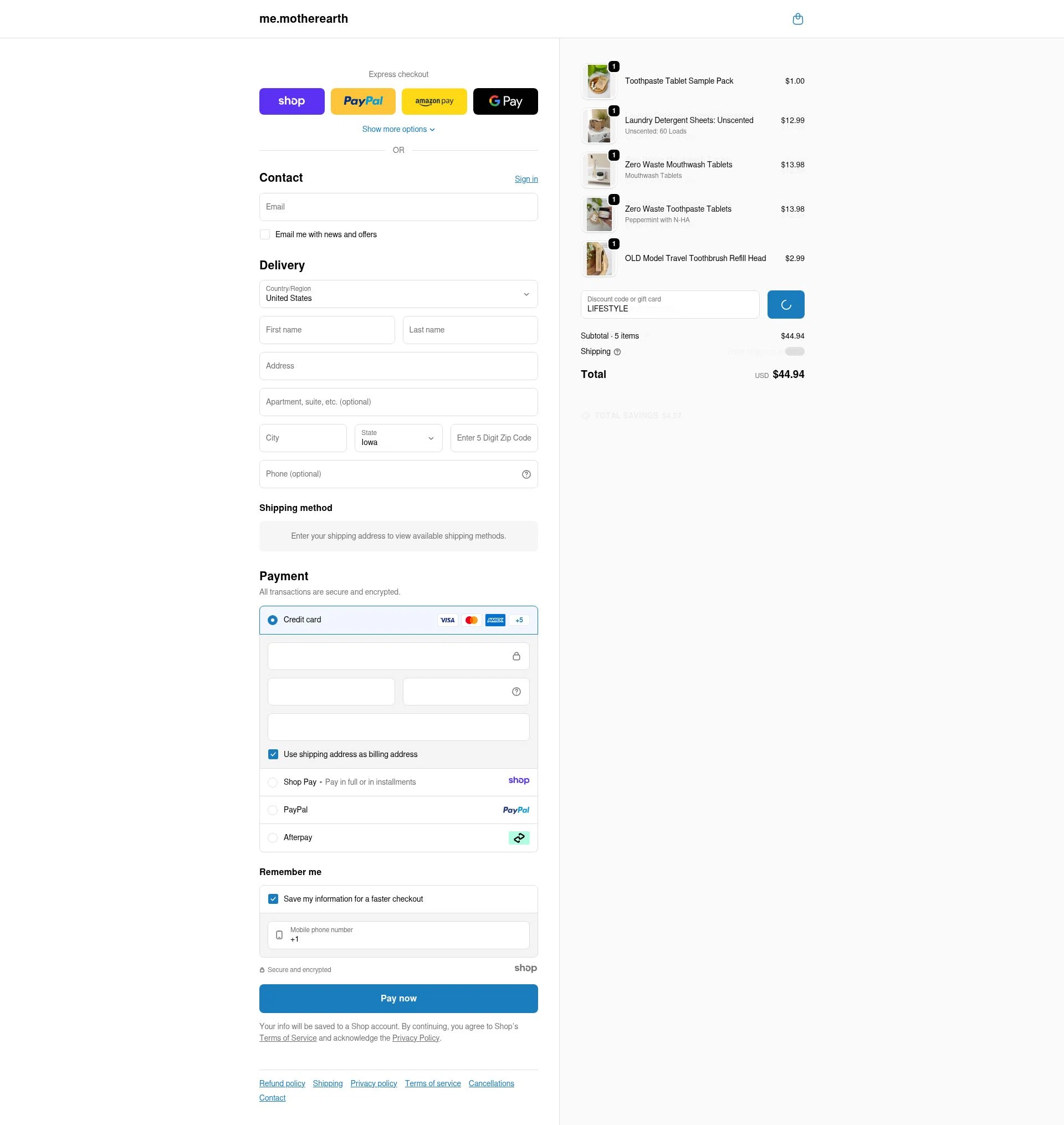 Me Mother Earth checkout page showing Me Mother Earth promo code box | Screenshot taken by SimplyCodes community member on Jan 2, 2026