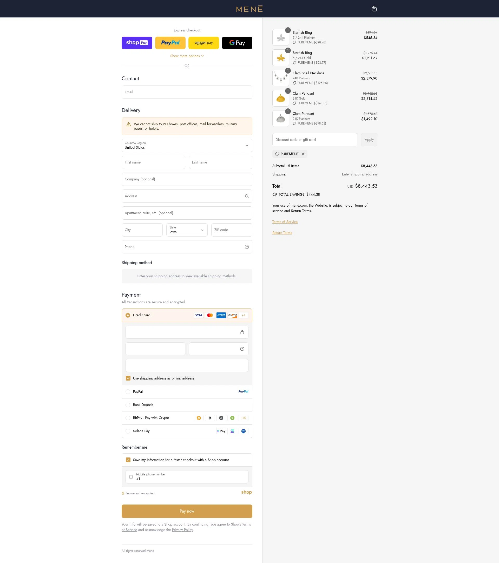 Menē checkout page showing Menē promo code box | Screenshot taken by SimplyCodes community member on Aug 16, 2025