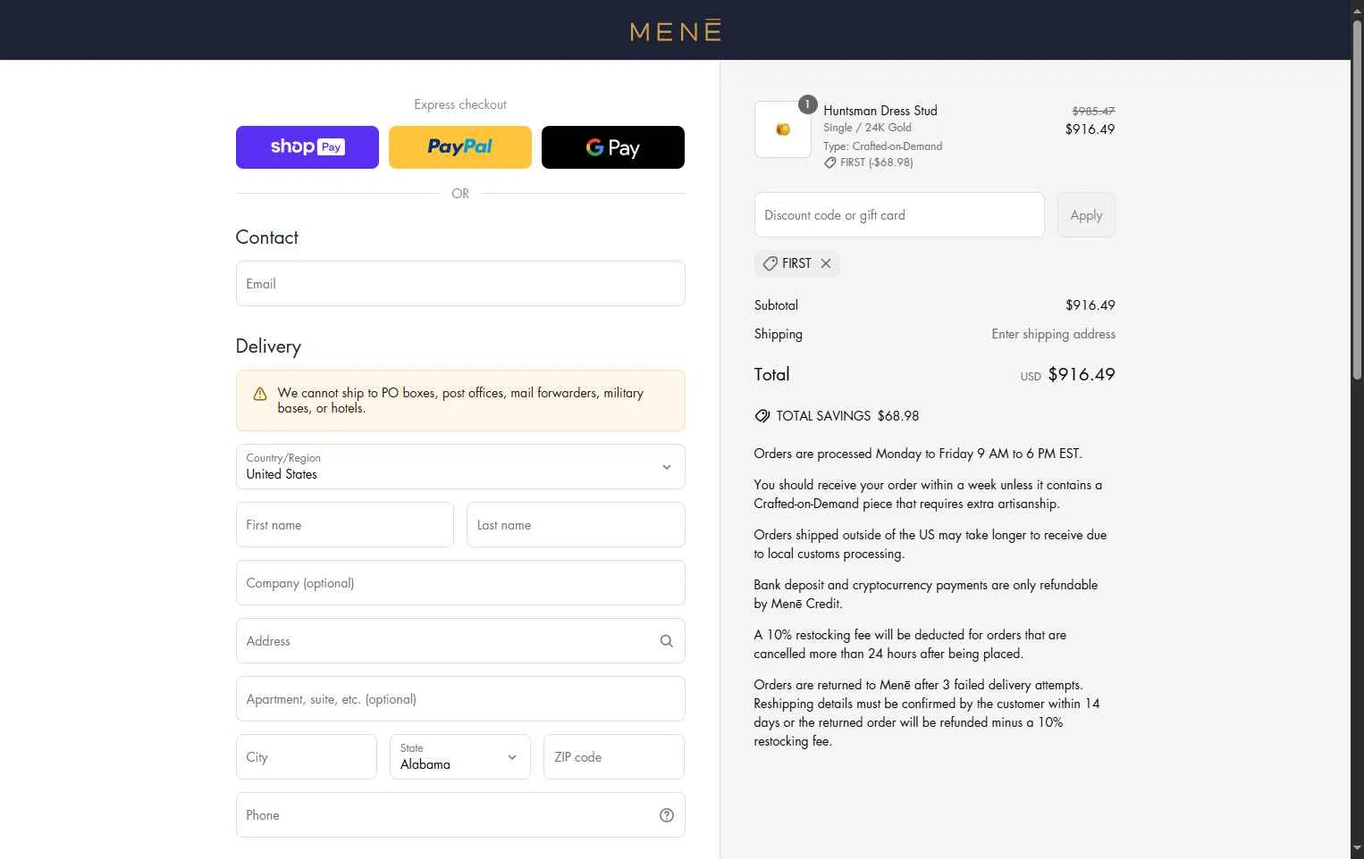 Menē checkout page showing Menē promo code box | Screenshot taken by SimplyCodes community member on Jun 25, 2025