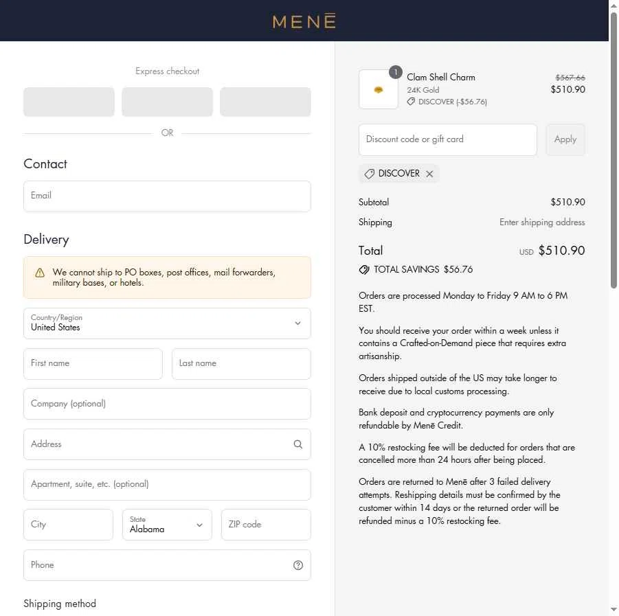 Menē checkout page showing Menē promo code box | Screenshot taken by SimplyCodes community member on Jul 23, 2025