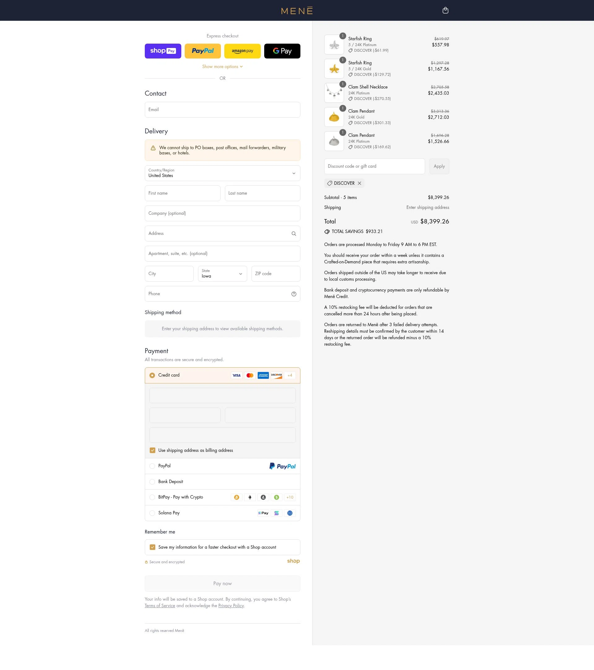 Menē checkout page showing Menē promo code box | Screenshot taken by SimplyCodes community member on Jul 26, 2025