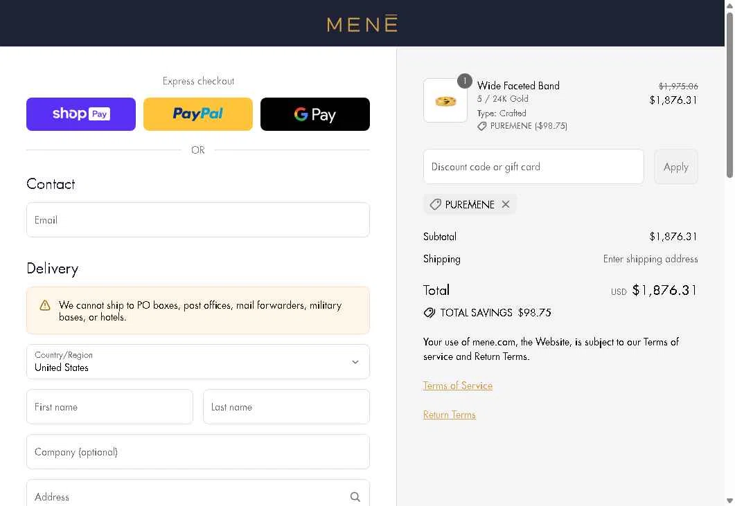 Menē checkout page showing Menē promo code box | Screenshot taken by SimplyCodes community member on Aug 12, 2025