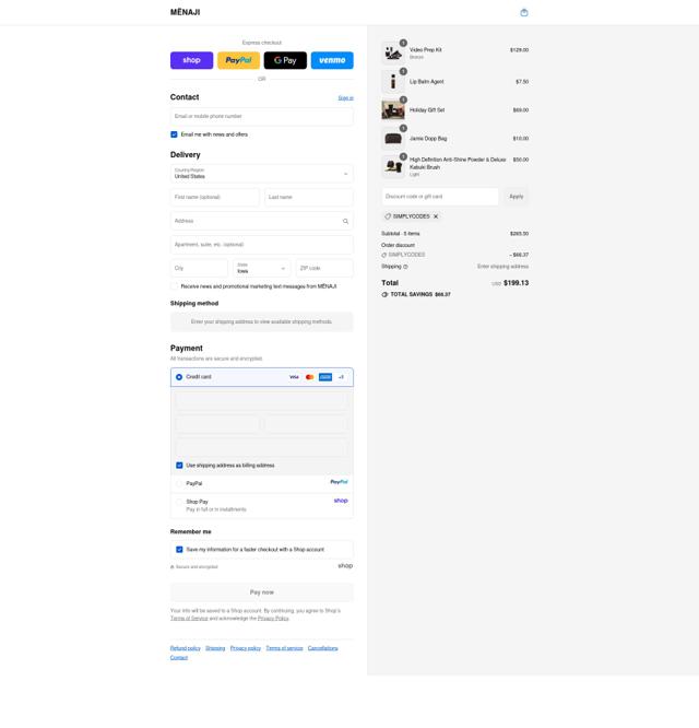 Menaji checkout page showing Menaji coupon code box | Screenshot taken by SimplyCodes community member on Sep 12, 2025