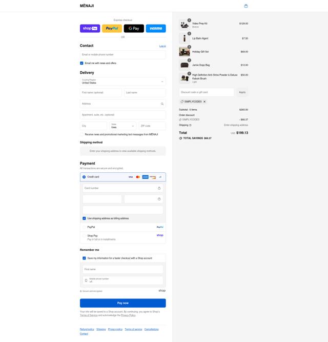 Menaji checkout page showing Menaji coupon code box | Screenshot taken by SimplyCodes community member on Aug 27, 2025