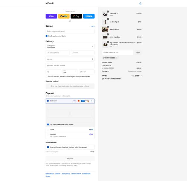 Menaji checkout page showing Menaji coupon code box | Screenshot taken by SimplyCodes community member on Sep 8, 2025