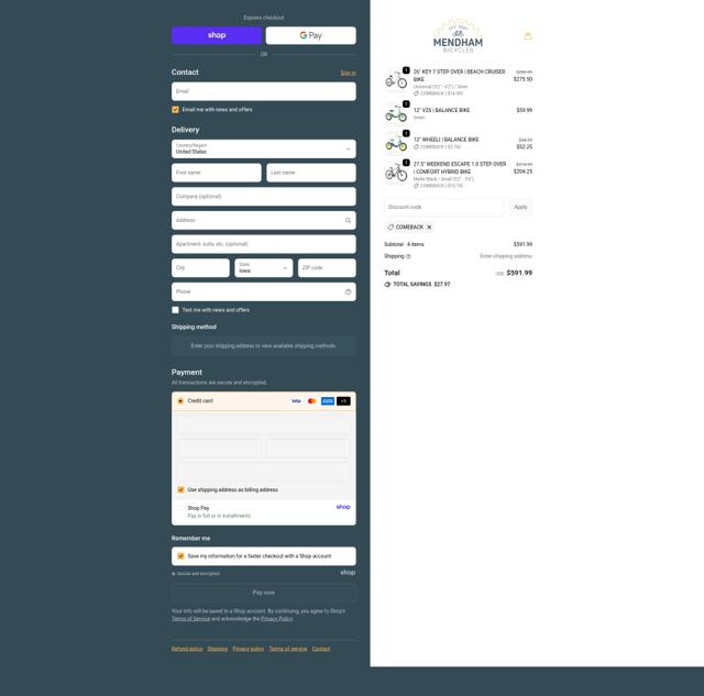 Mendham Bicycle Co. checkout page showing Mendham Bicycle Co. promo code box | Screenshot taken by SimplyCodes community member on Sep 19, 2025