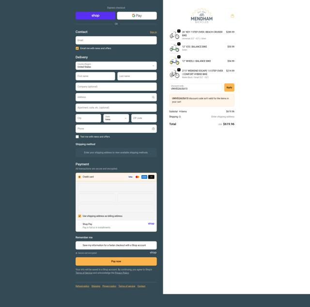 Mendham Bicycle Co. checkout page showing Mendham Bicycle Co. promo code box | Screenshot taken by SimplyCodes community member on Sep 19, 2025