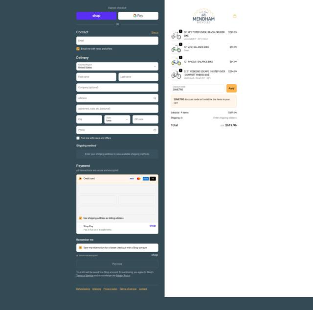 Mendham Bicycle Co. checkout page showing Mendham Bicycle Co. promo code box | Screenshot taken by SimplyCodes community member on Sep 19, 2025