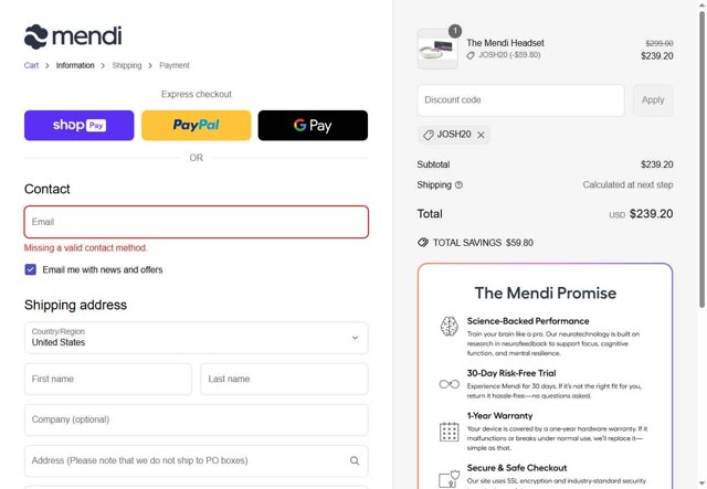 Mendi.io checkout page showing Mendi.io promo code box | Screenshot taken by SimplyCodes community member on May 22, 2025