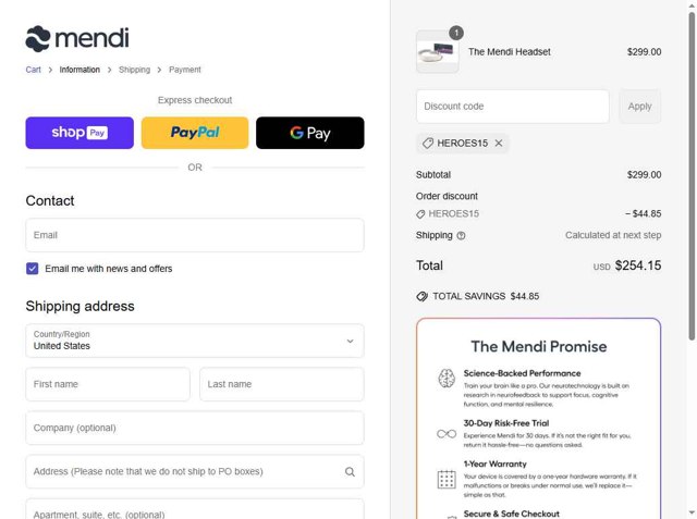 Mendi.io checkout page showing Mendi.io promo code box | Screenshot taken by SimplyCodes community member on May 10, 2025
