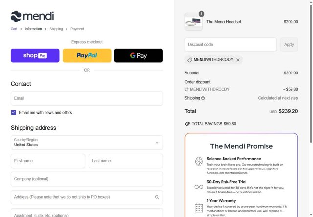 Mendi.io checkout page showing Mendi.io promo code box | Screenshot taken by SimplyCodes community member on May 22, 2025