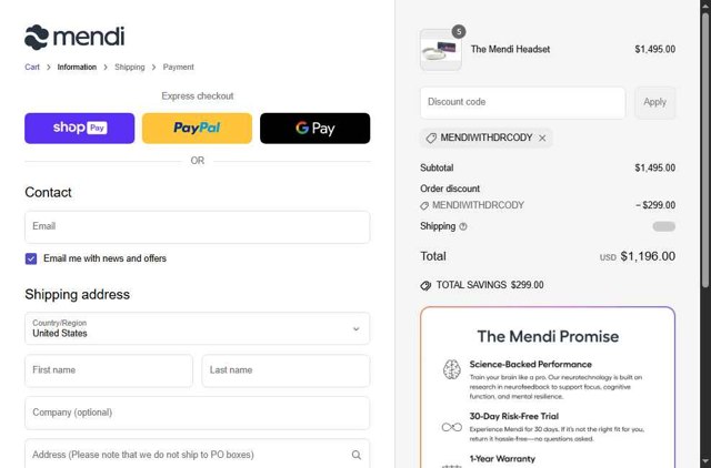 Mendi.io checkout page showing Mendi.io promo code box | Screenshot taken by SimplyCodes community member on May 22, 2025