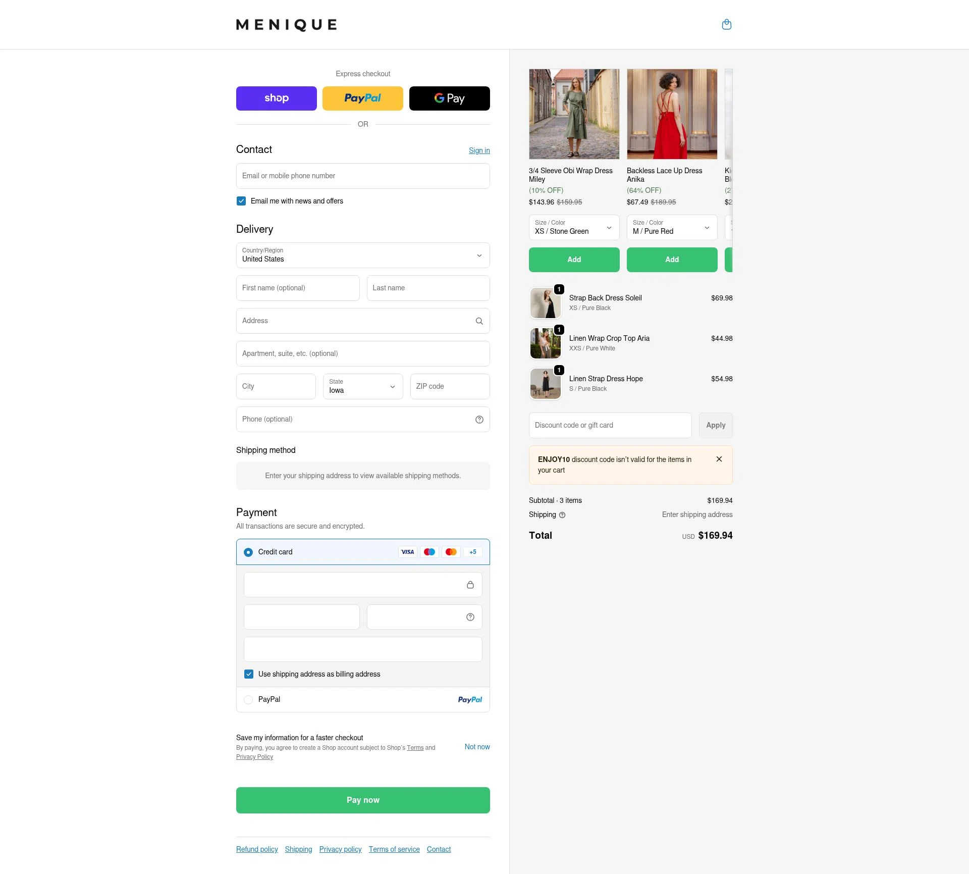 Menique checkout page showing Menique discount code box | Screenshot taken by SimplyCodes community member on Feb 17, 2026