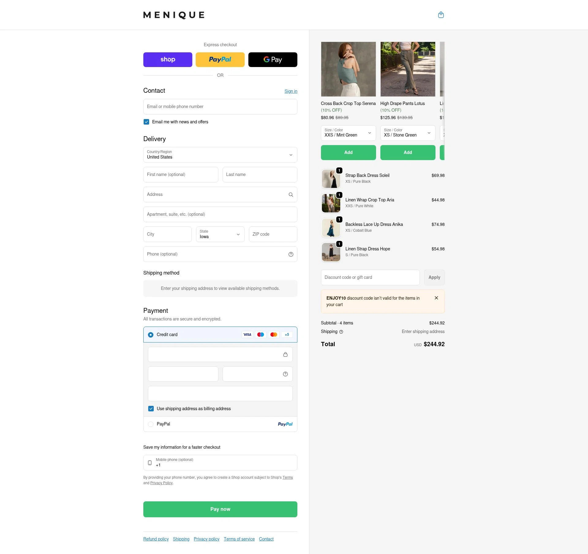 Menique checkout page showing Menique discount code box | Screenshot taken by SimplyCodes community member on Feb 13, 2026