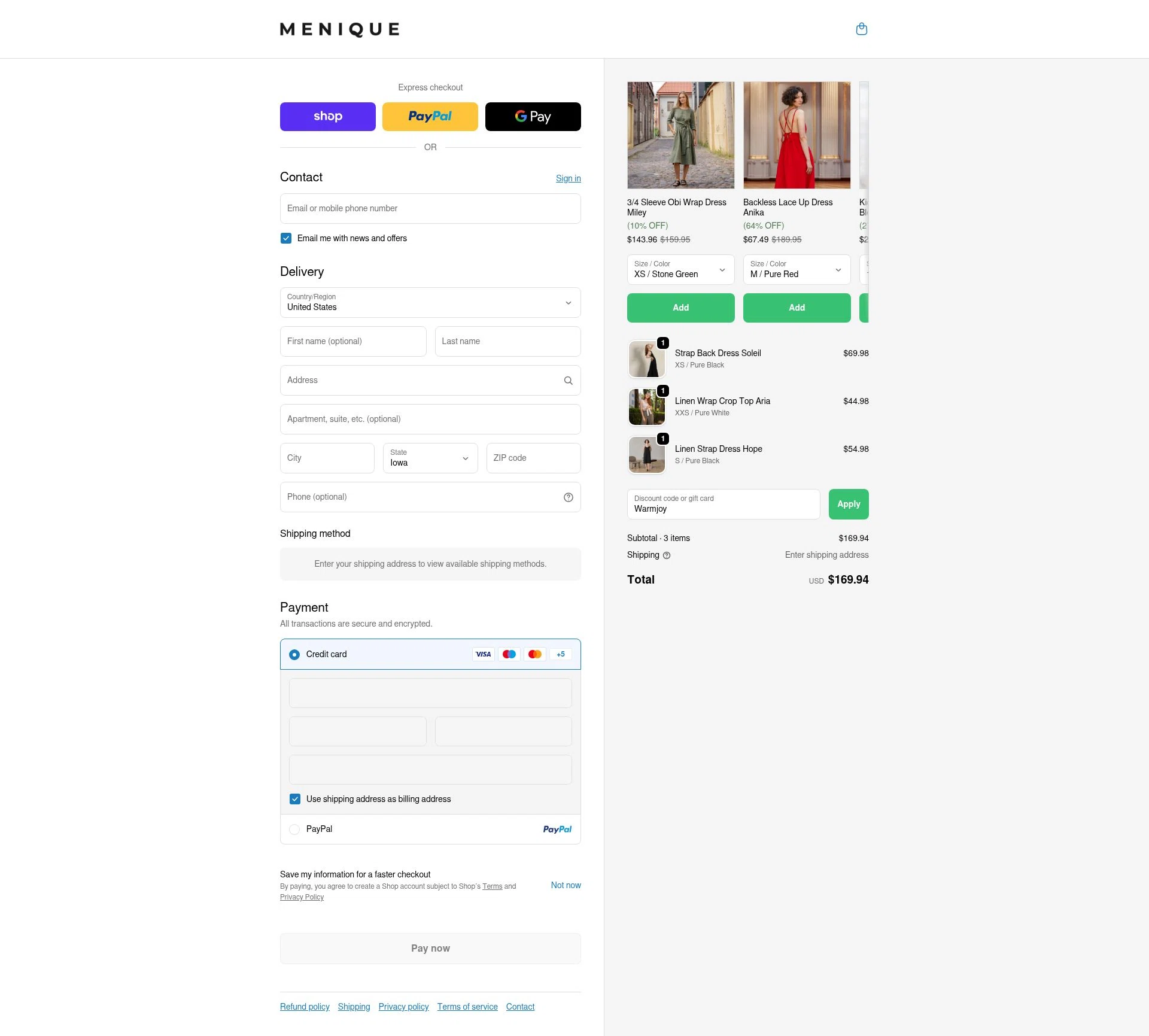 Menique checkout page showing Menique discount code box | Screenshot taken by SimplyCodes community member on Feb 17, 2026