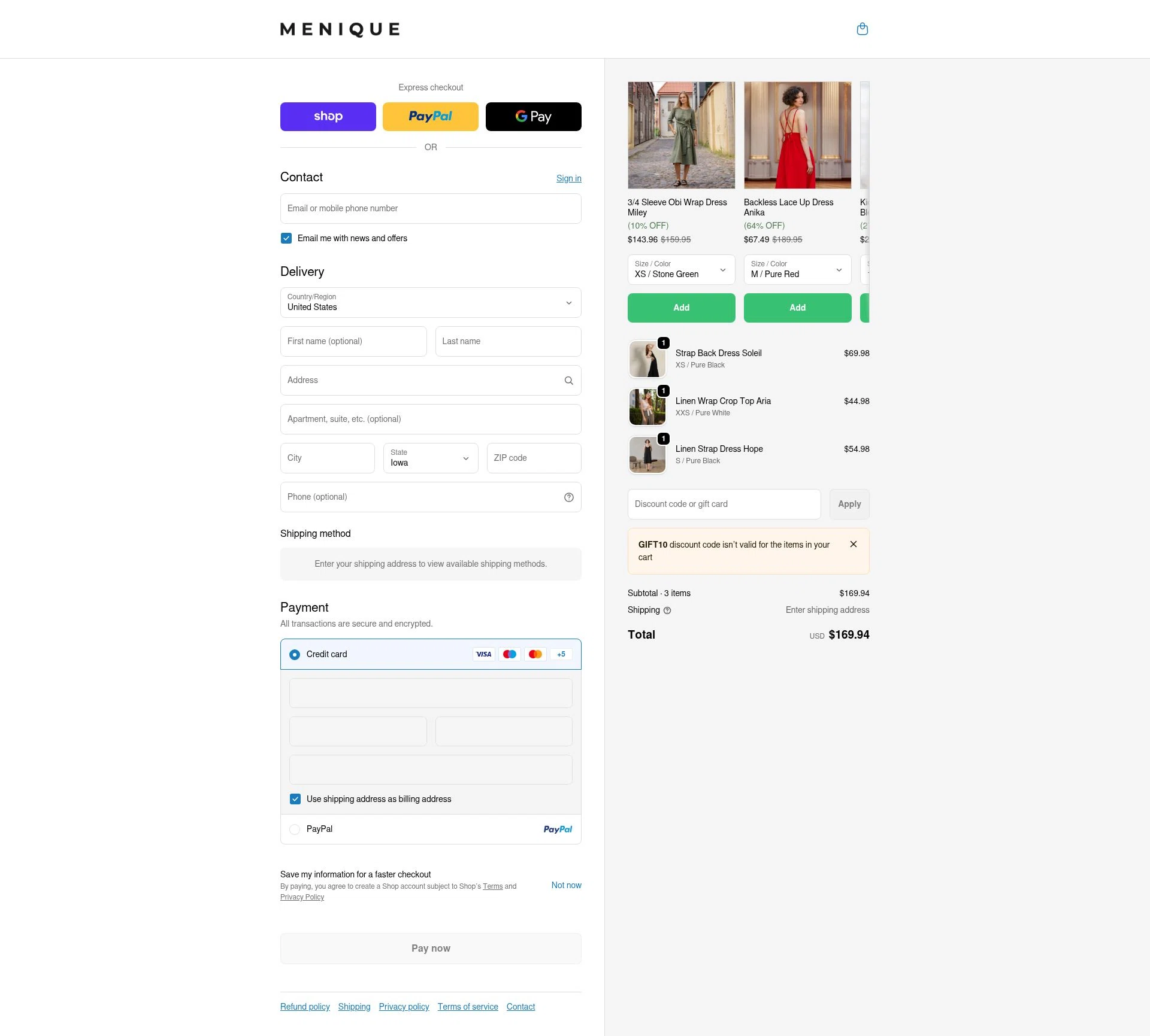 Menique checkout page showing Menique discount code box | Screenshot taken by SimplyCodes community member on Feb 17, 2026