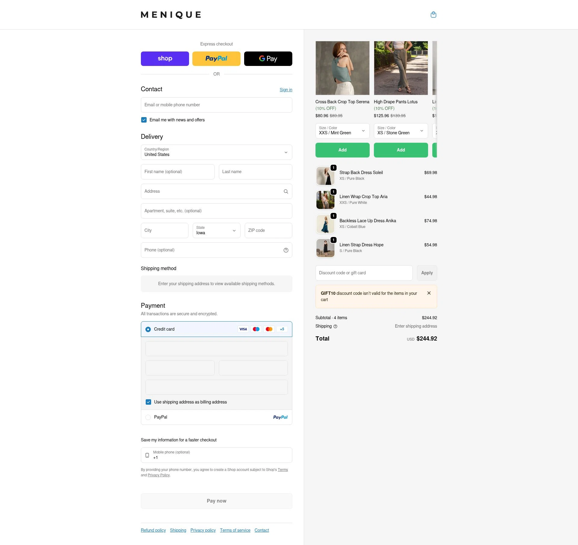 Menique checkout page showing Menique discount code box | Screenshot taken by SimplyCodes community member on Feb 8, 2026