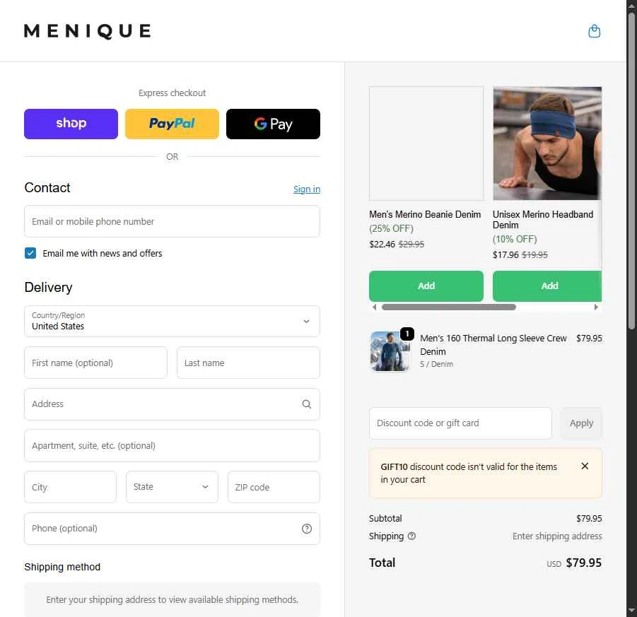 Menique checkout page showing Menique discount code box | Screenshot taken by SimplyCodes community member on Feb 7, 2026