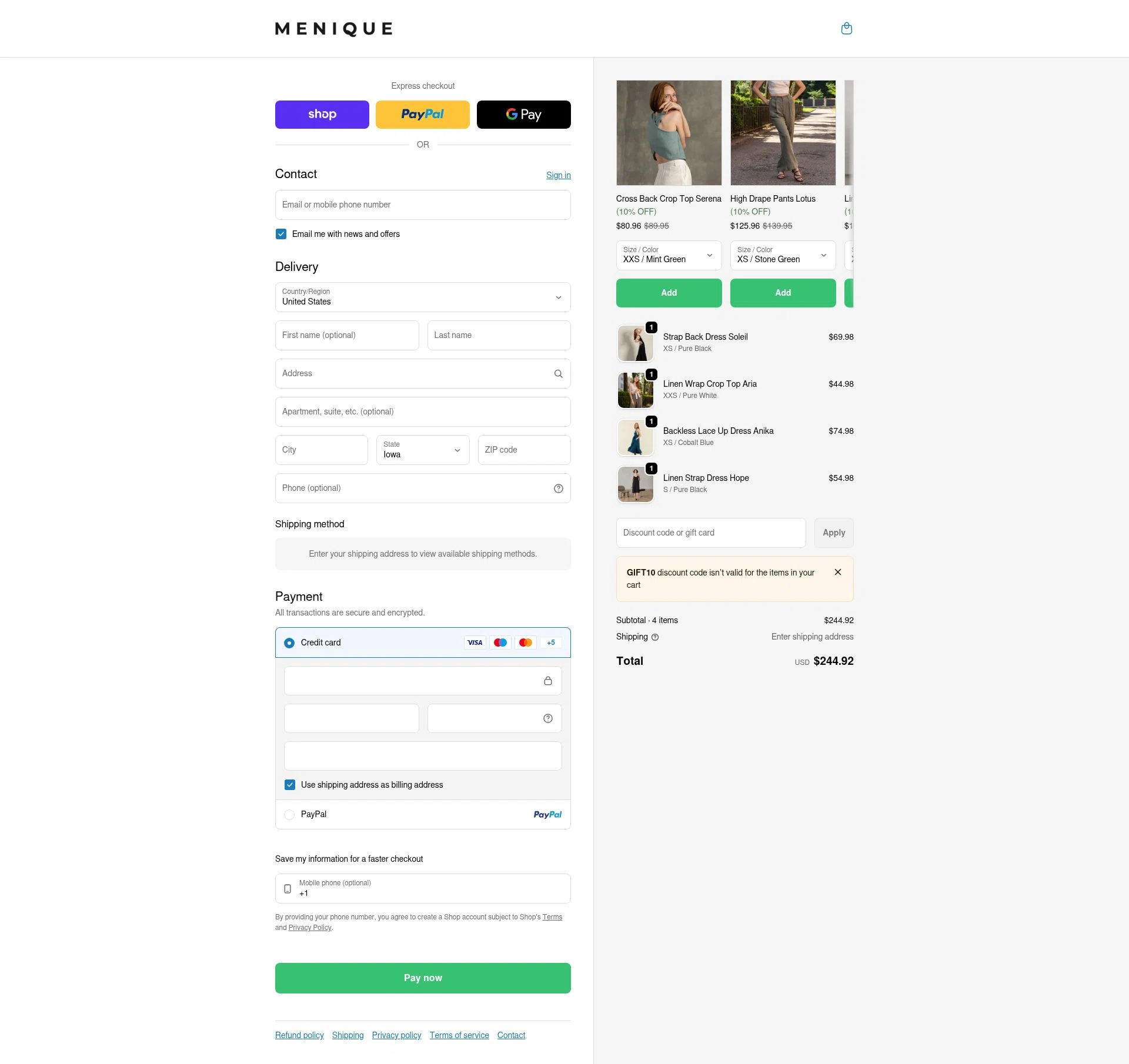 Menique checkout page showing Menique discount code box | Screenshot taken by SimplyCodes community member on Feb 13, 2026