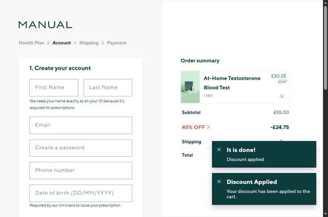 MenofManual checkout page showing MenofManual promo code box | Screenshot taken by SimplyCodes community member on Jul 17, 2025