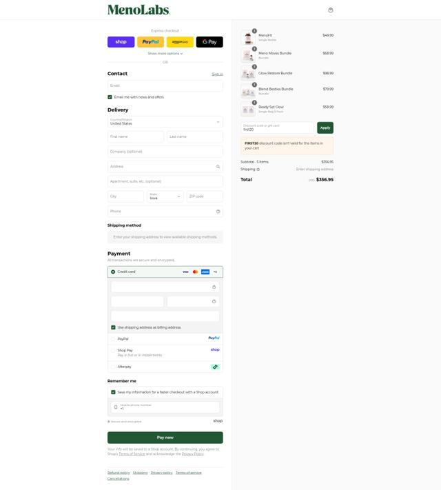 MenoLabs checkout page showing MenoLabs coupon code box | Screenshot taken by SimplyCodes community member on Sep 12, 2025