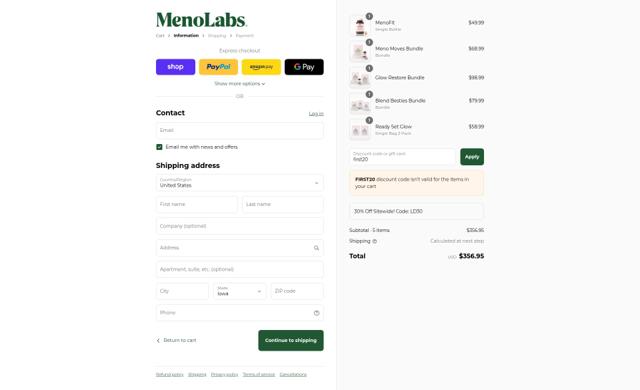 MenoLabs checkout page showing MenoLabs coupon code box | Screenshot taken by SimplyCodes community member on Sep 8, 2025