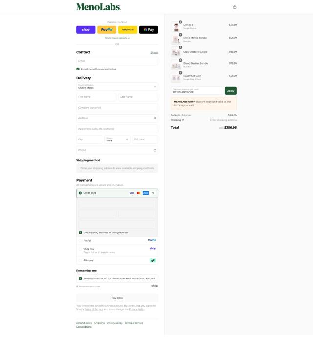 MenoLabs checkout page showing MenoLabs coupon code box | Screenshot taken by SimplyCodes community member on Sep 12, 2025