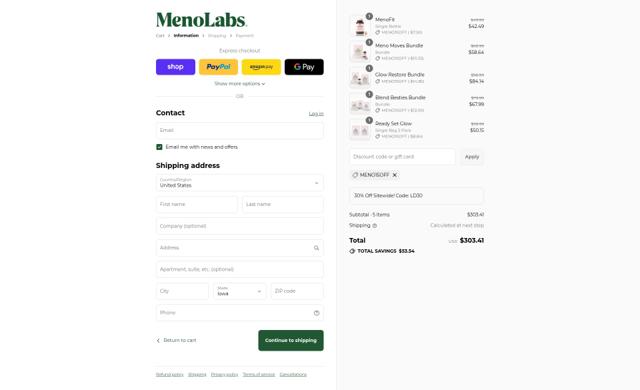 MenoLabs checkout page showing MenoLabs coupon code box | Screenshot taken by SimplyCodes community member on Sep 8, 2025
