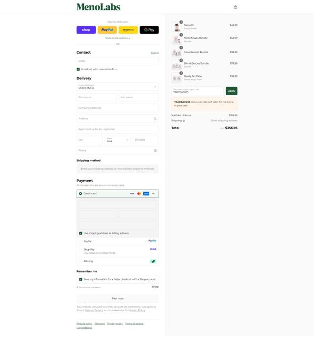 MenoLabs checkout page showing MenoLabs coupon code box | Screenshot taken by SimplyCodes community member on Sep 12, 2025