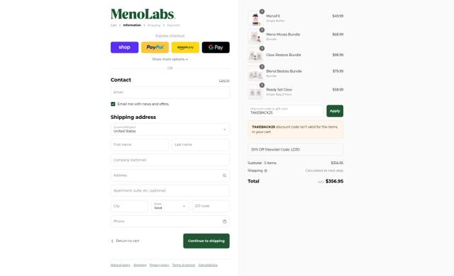 MenoLabs checkout page showing MenoLabs coupon code box | Screenshot taken by SimplyCodes community member on Sep 8, 2025