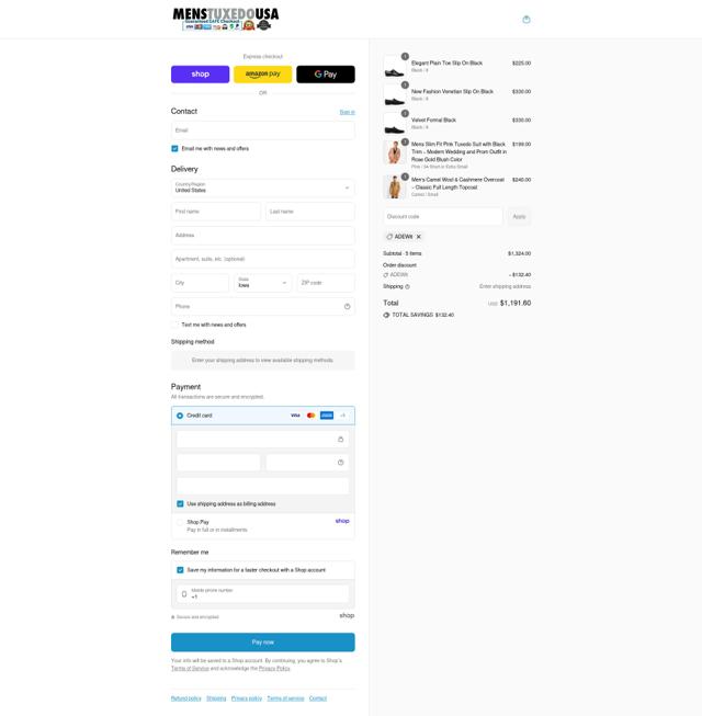 Mens Tuxedo USA checkout page showing Mens Tuxedo USA promo code box | Screenshot taken by SimplyCodes community member on Sep 11, 2025