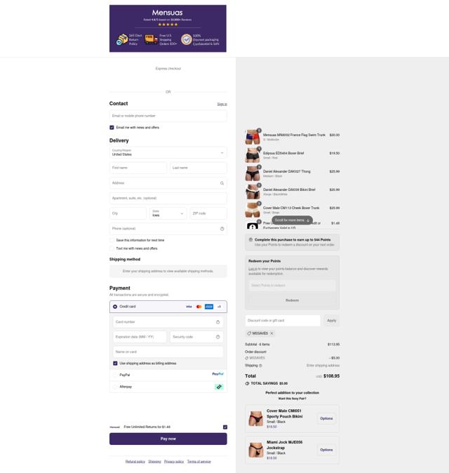 Mensuas checkout page showing Mensuas promo code box | Screenshot taken by SimplyCodes community member on Sep 9, 2025