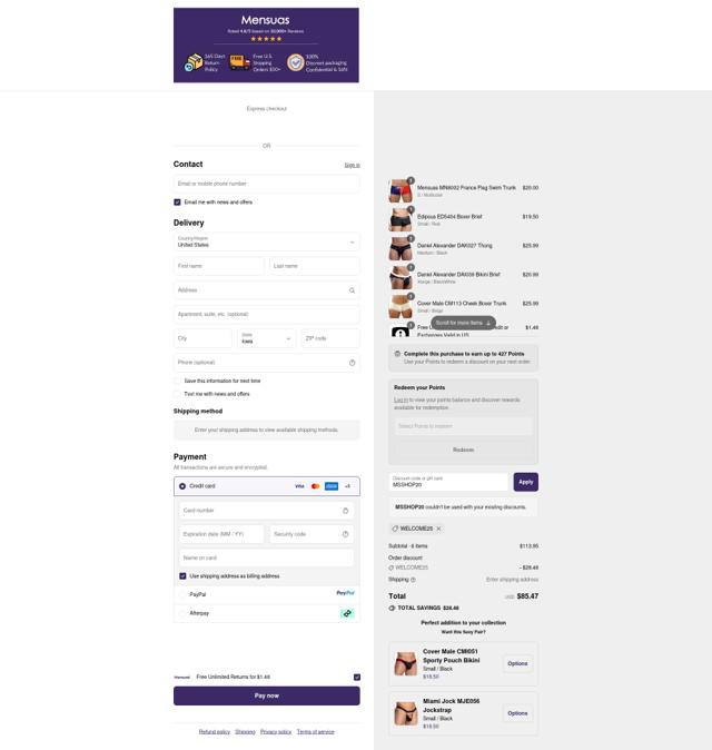 Mensuas checkout page showing Mensuas promo code box | Screenshot taken by SimplyCodes community member on Sep 9, 2025
