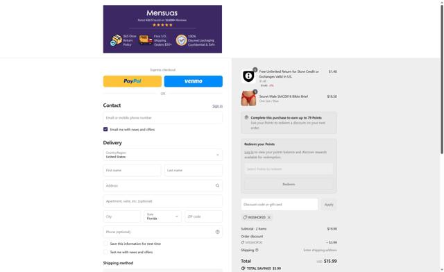 Mensuas checkout page showing Mensuas promo code box | Screenshot taken by SimplyCodes community member on Sep 9, 2025