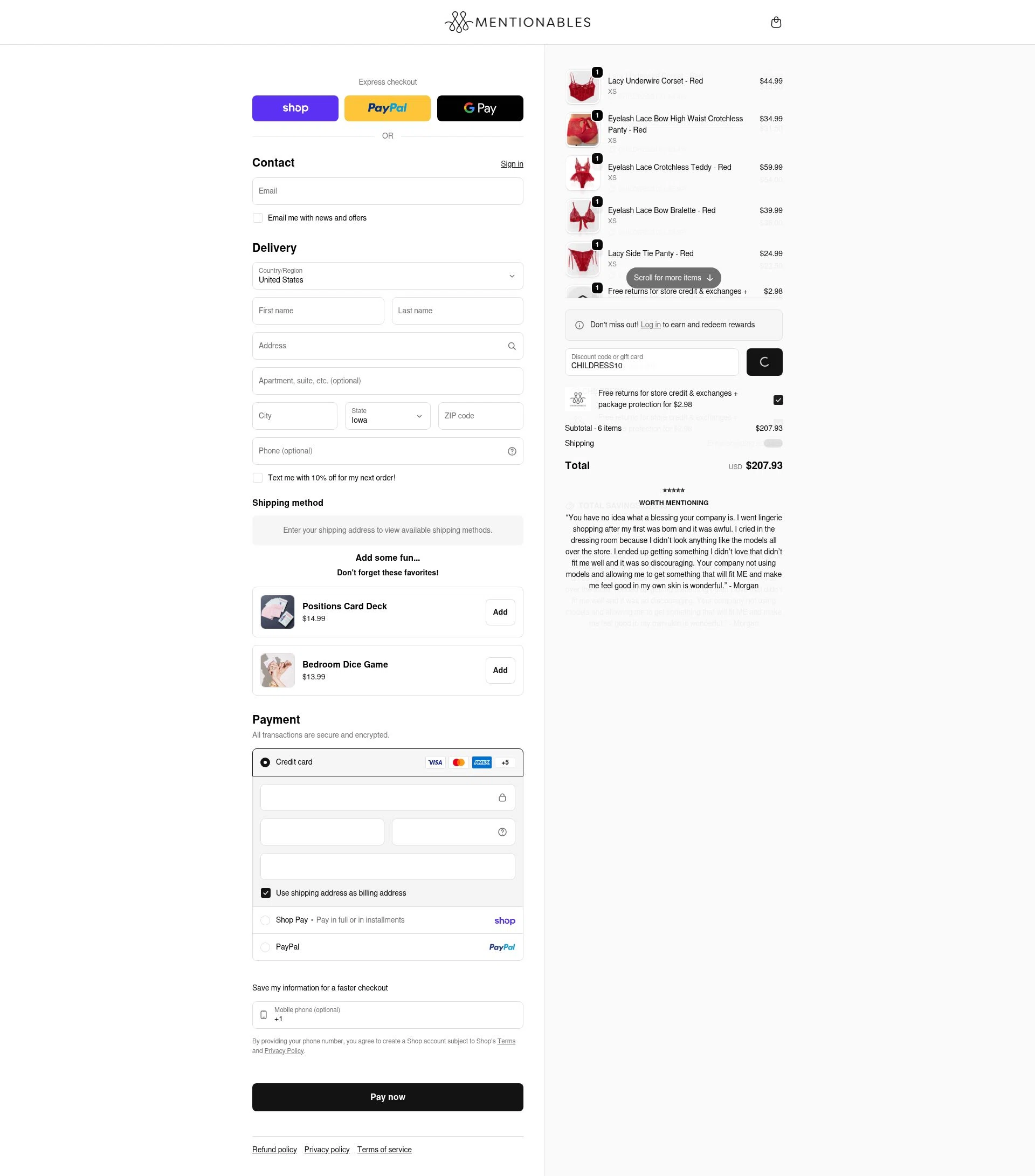 Mentionables checkout page showing Mentionables discount code box | Screenshot taken by SimplyCodes community member on Feb 16, 2026