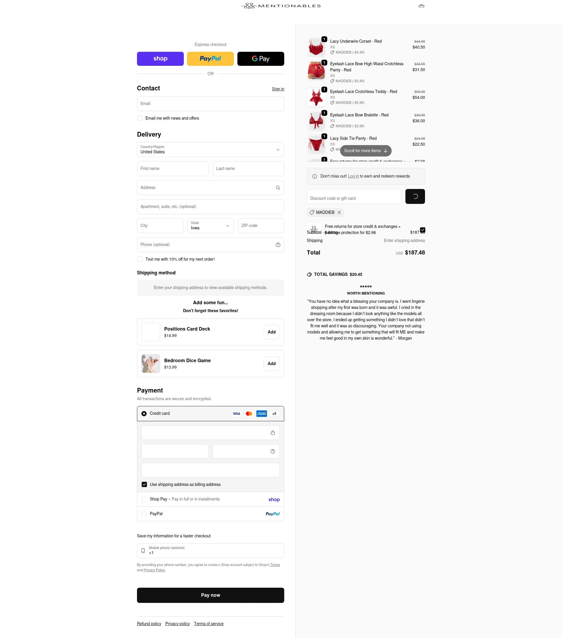 Mentionables checkout page showing Mentionables discount code box | Screenshot taken by SimplyCodes community member on Feb 16, 2026