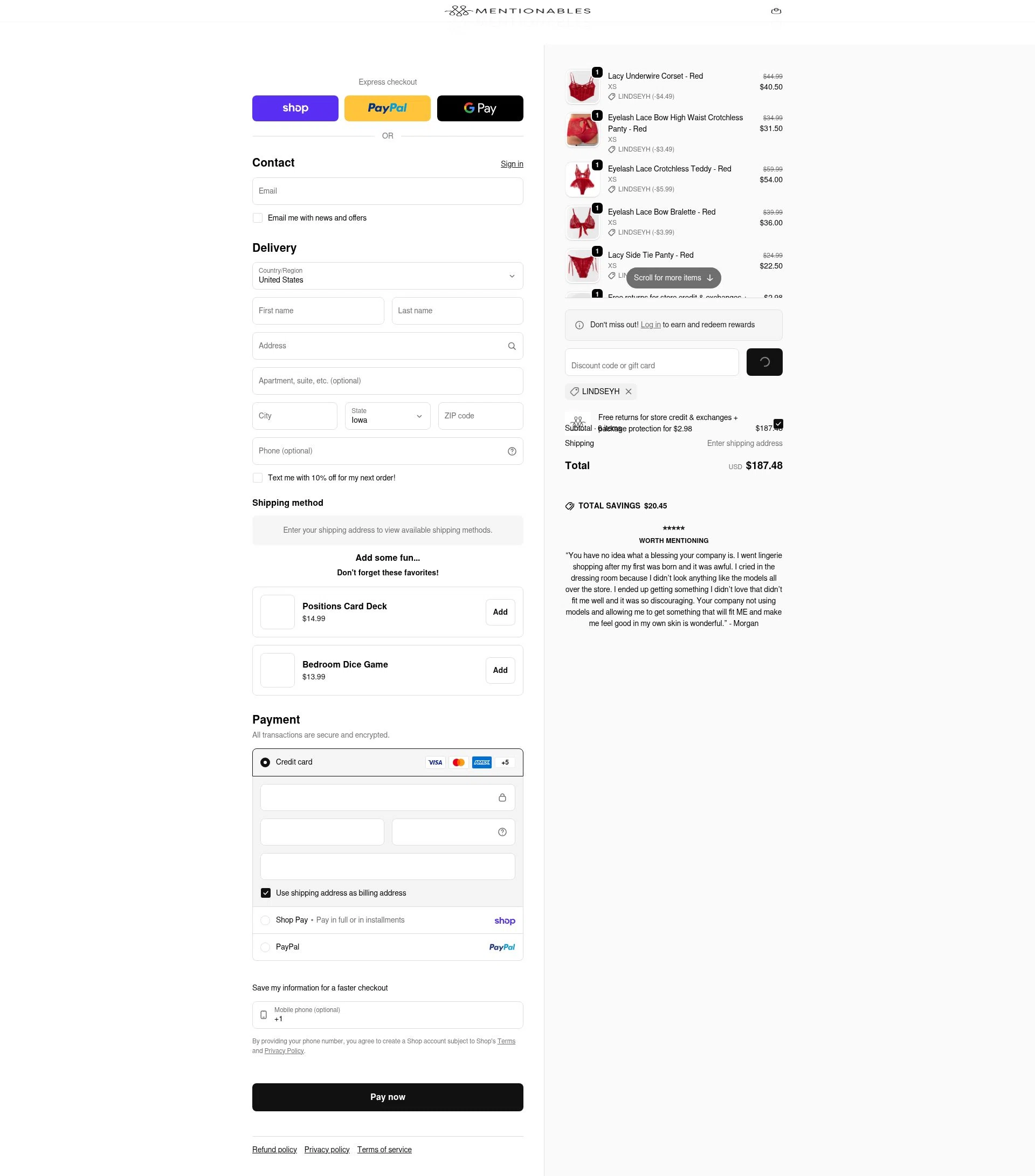 Mentionables checkout page showing Mentionables discount code box | Screenshot taken by SimplyCodes community member on Feb 16, 2026