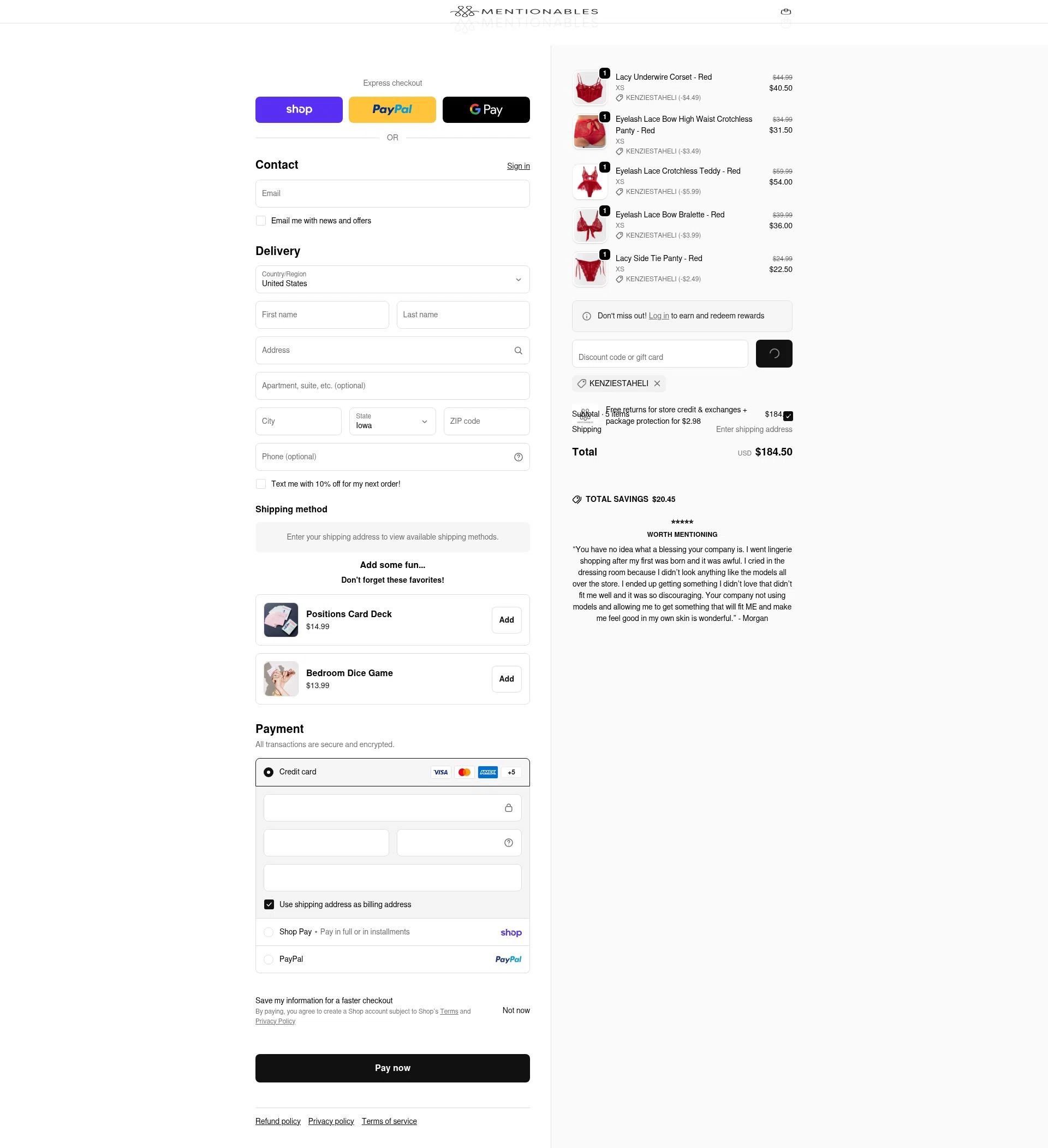 Mentionables checkout page showing Mentionables discount code box | Screenshot taken by SimplyCodes community member on Feb 16, 2026