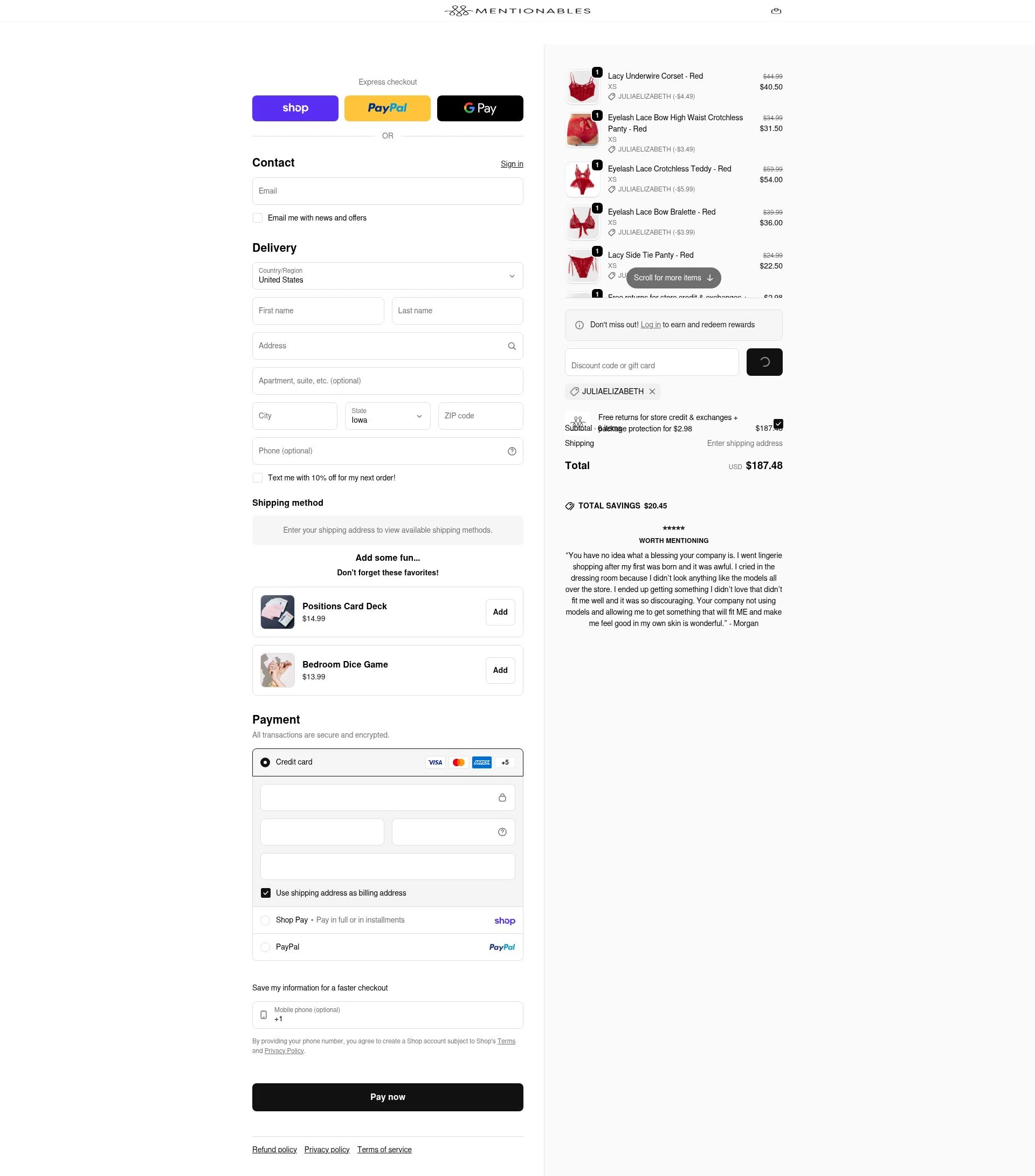 Mentionables checkout page showing Mentionables discount code box | Screenshot taken by SimplyCodes community member on Feb 16, 2026