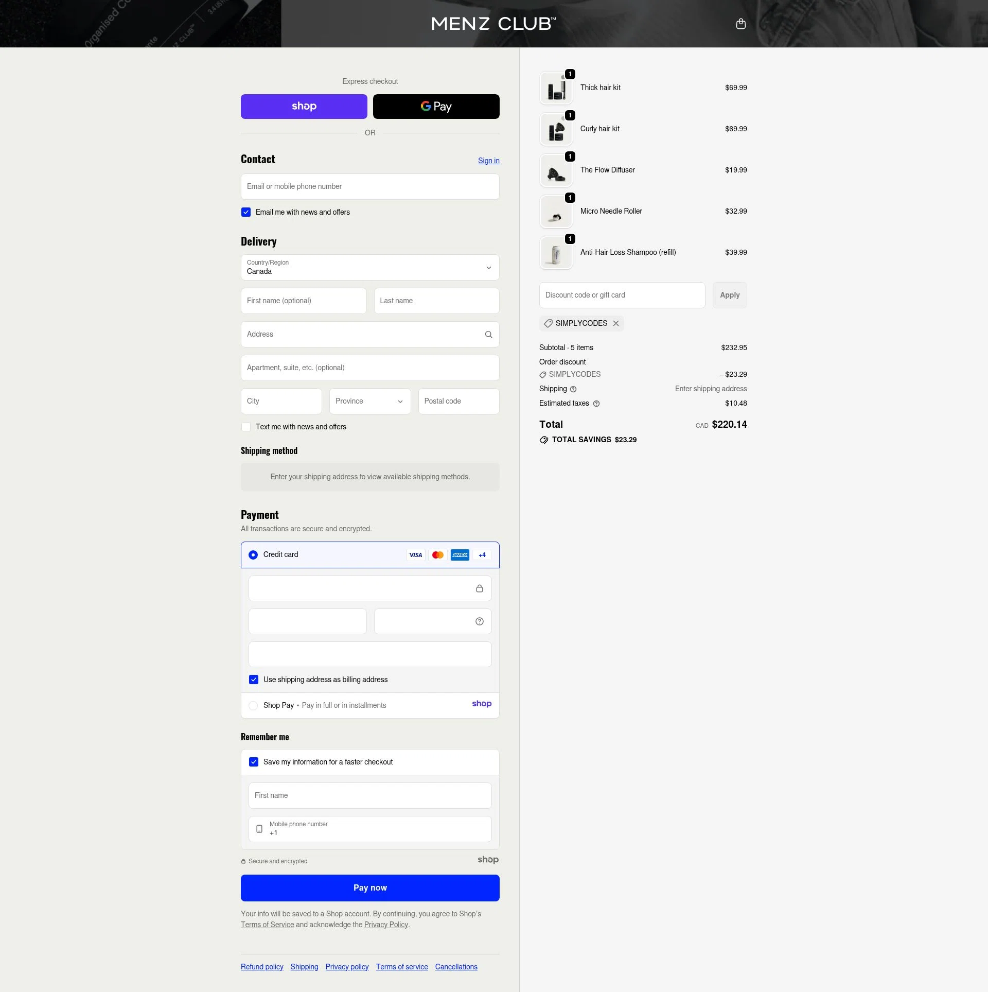 Menz Club checkout page showing Menz Club promo code box | Screenshot taken by SimplyCodes community member on Jan 8, 2026
