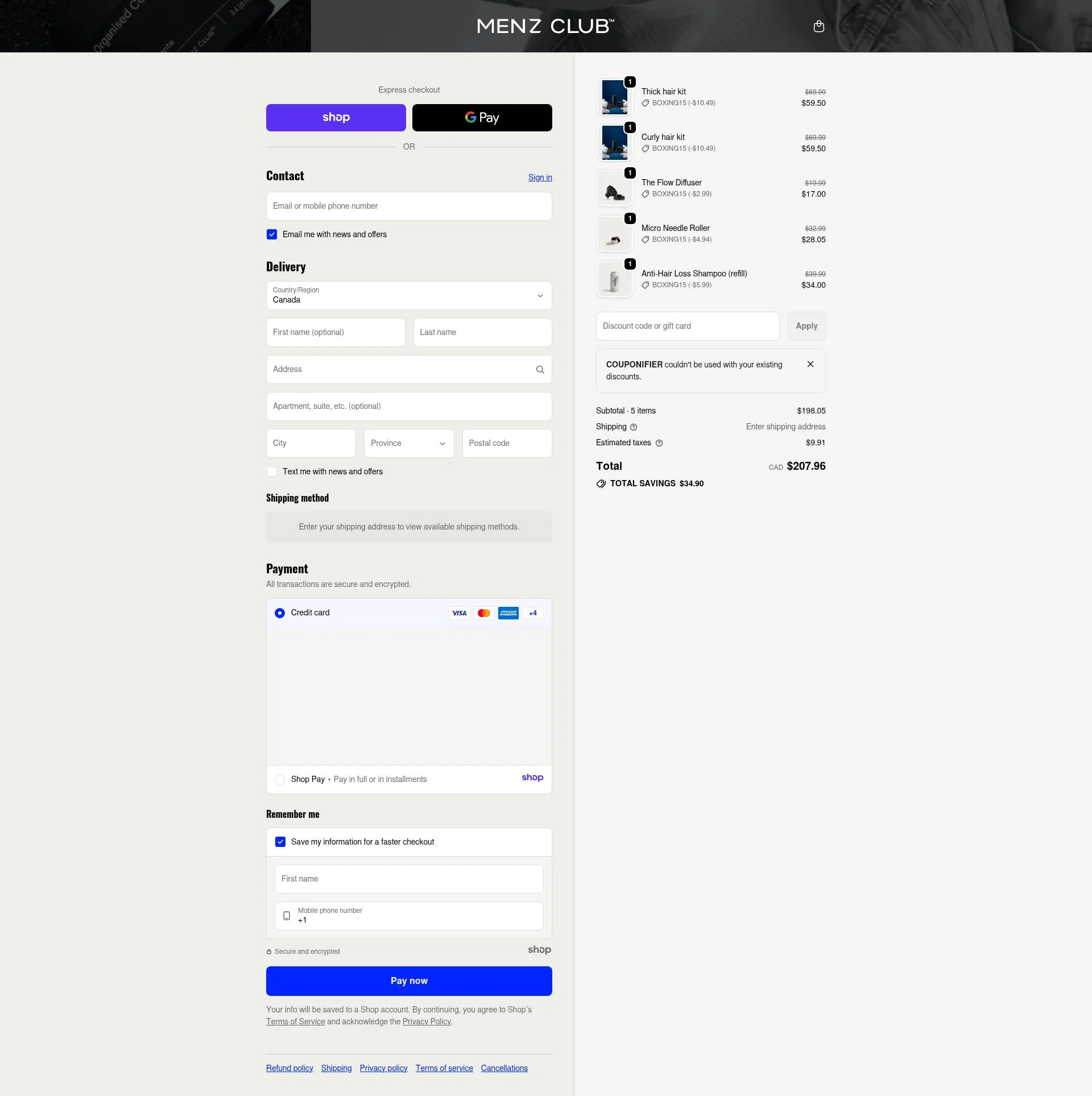 Menz Club checkout page showing Menz Club promo code box | Screenshot taken by SimplyCodes community member on Jan 3, 2026