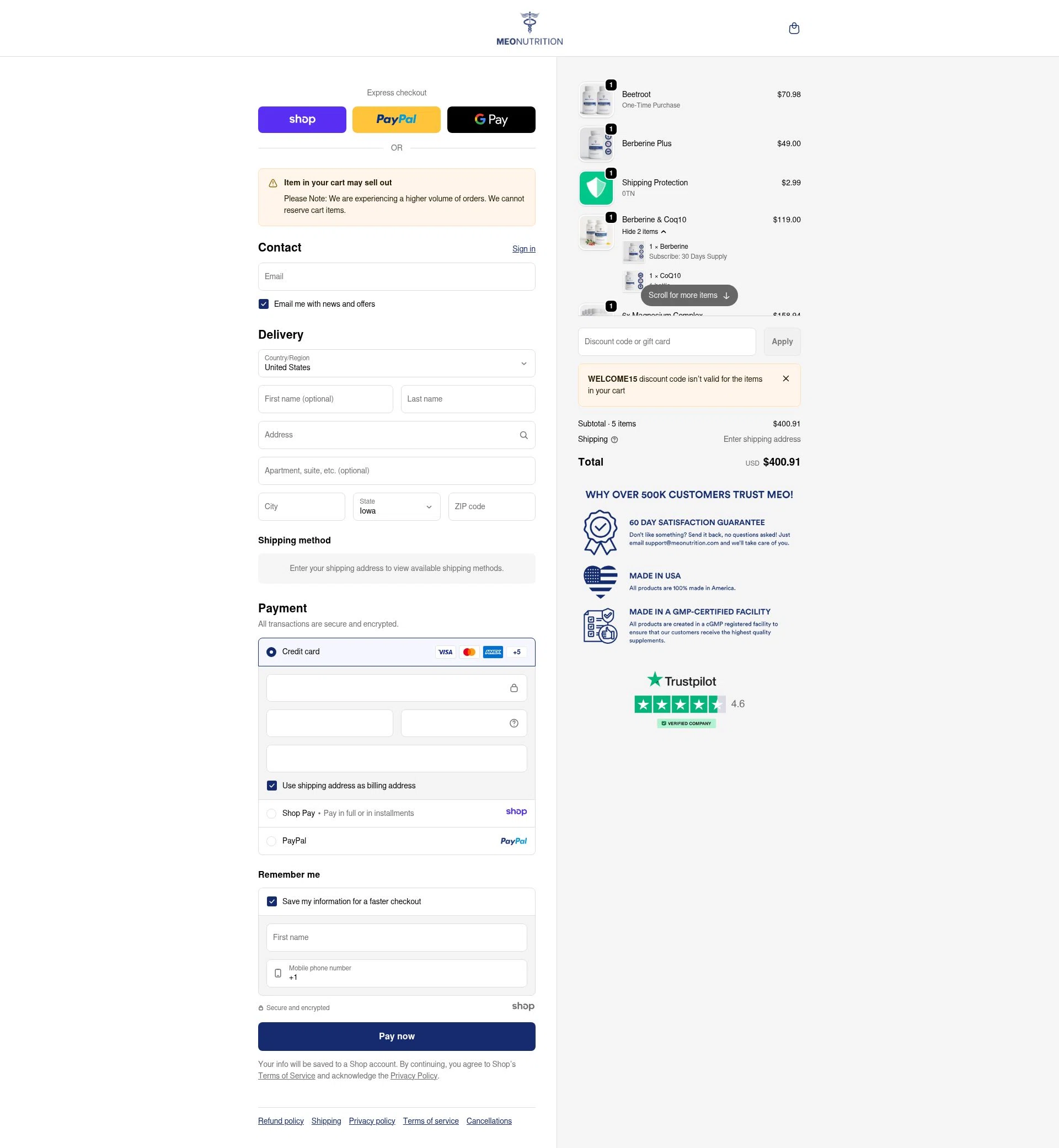 Meo Nutrution checkout page showing Meo Nutrution promo code box | Screenshot taken by SimplyCodes community member on Jan 4, 2026