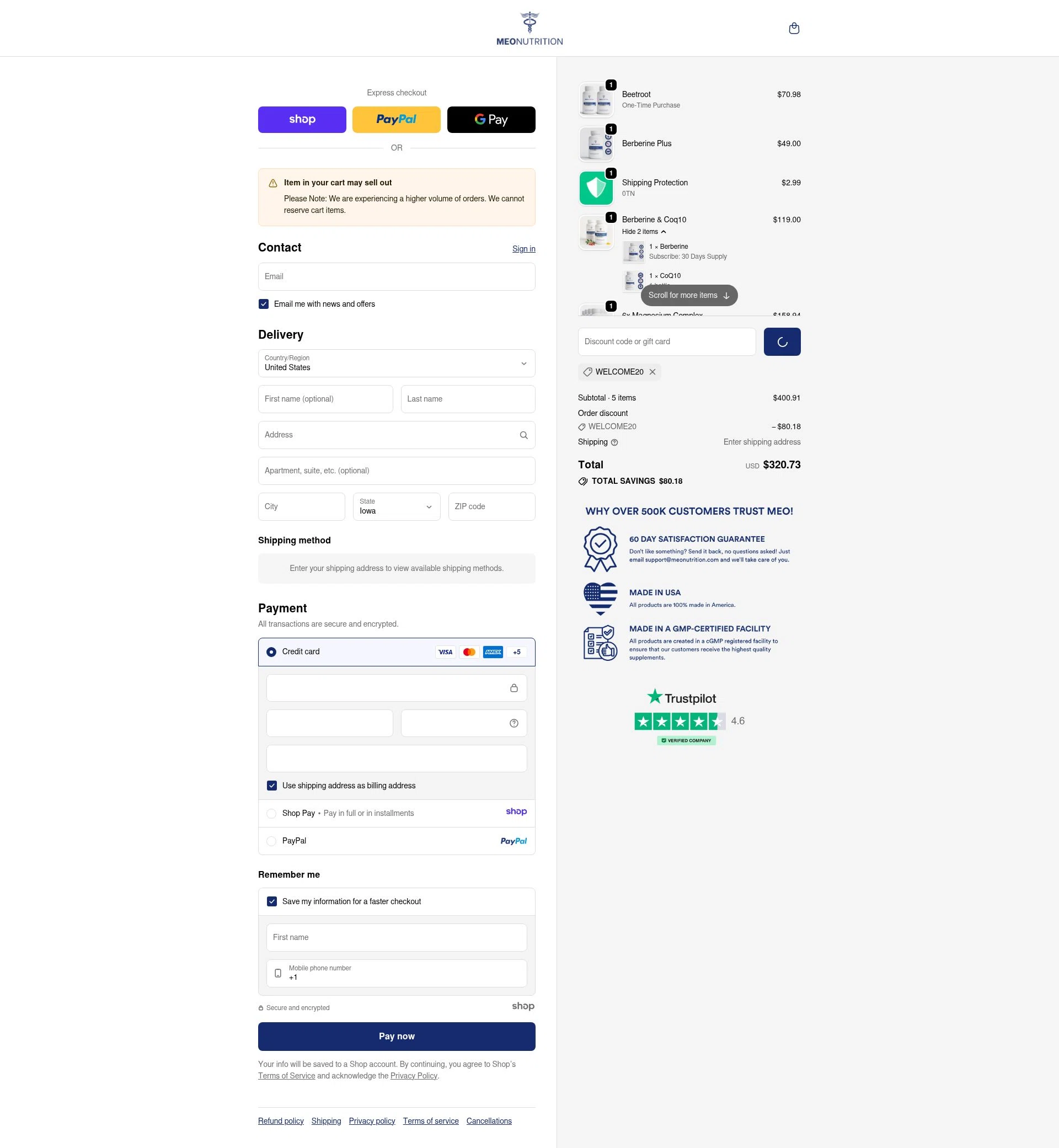 Meo Nutrution checkout page showing Meo Nutrution promo code box | Screenshot taken by SimplyCodes community member on Jan 4, 2026