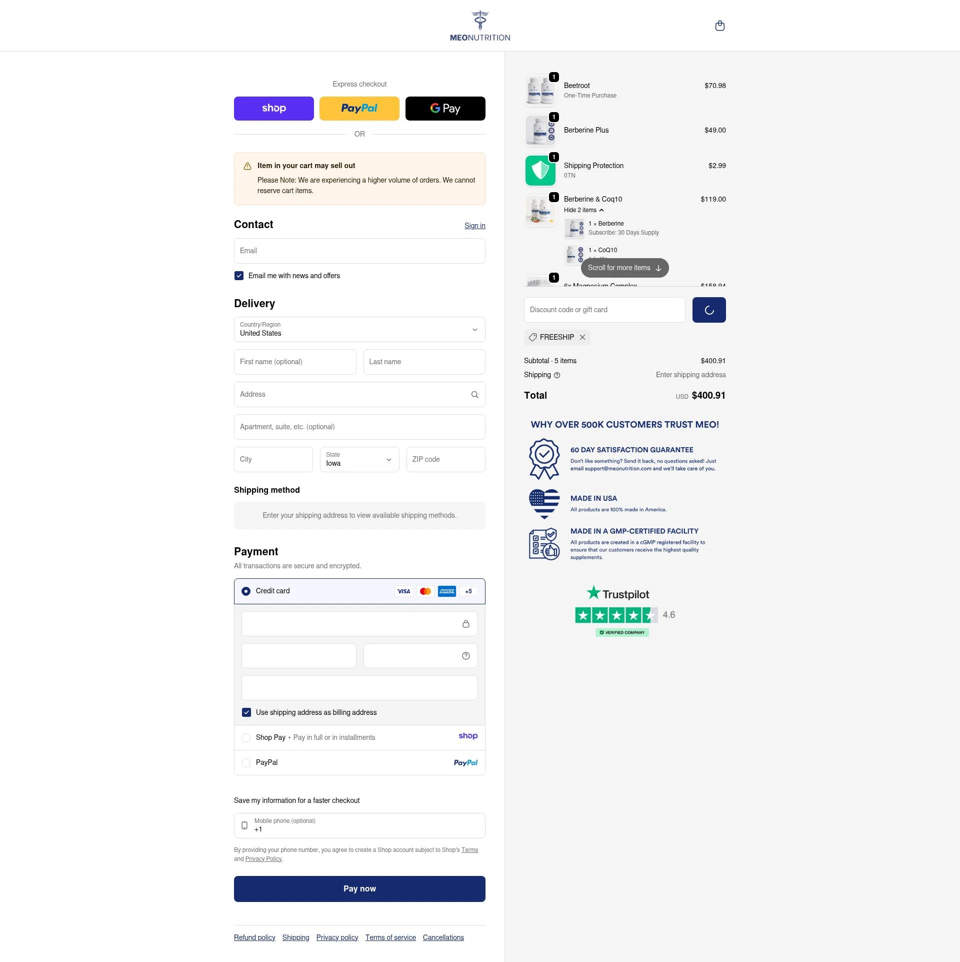 Meo Nutrution checkout page showing Meo Nutrution promo code box | Screenshot taken by SimplyCodes community member on Jan 9, 2026