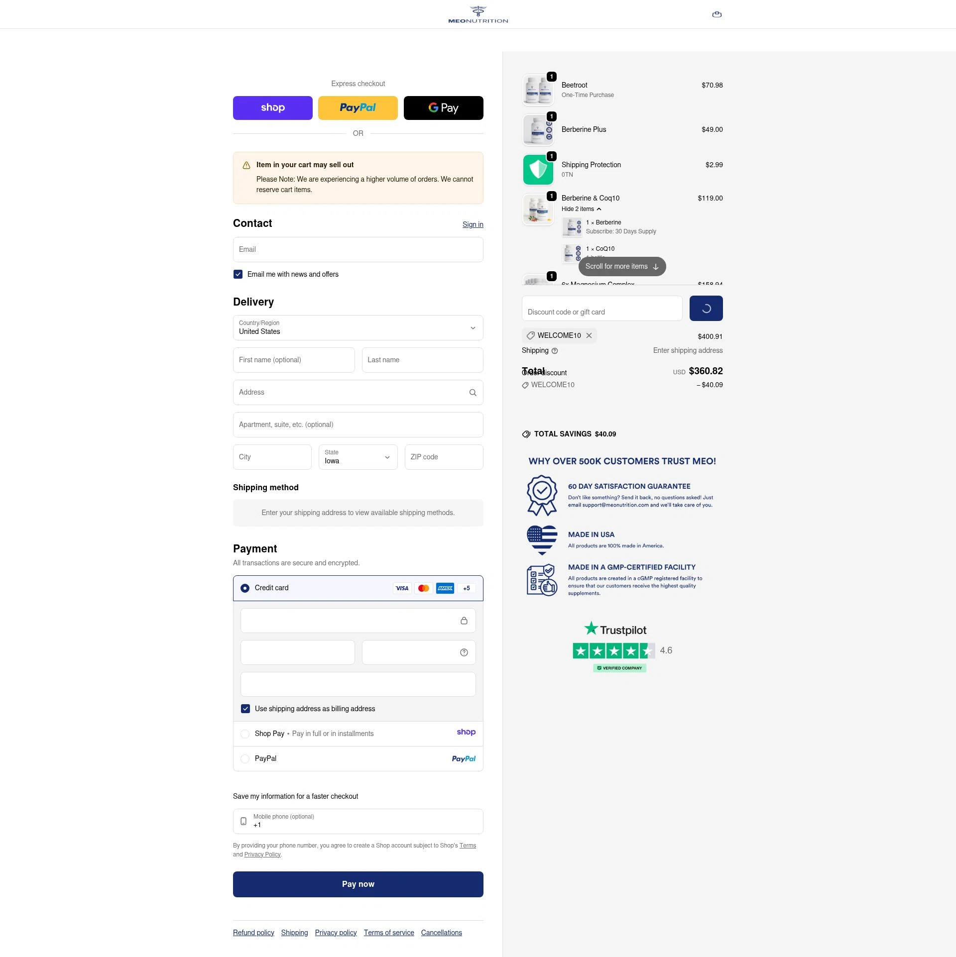 Meo Nutrution checkout page showing Meo Nutrution promo code box | Screenshot taken by SimplyCodes community member on Jan 9, 2026