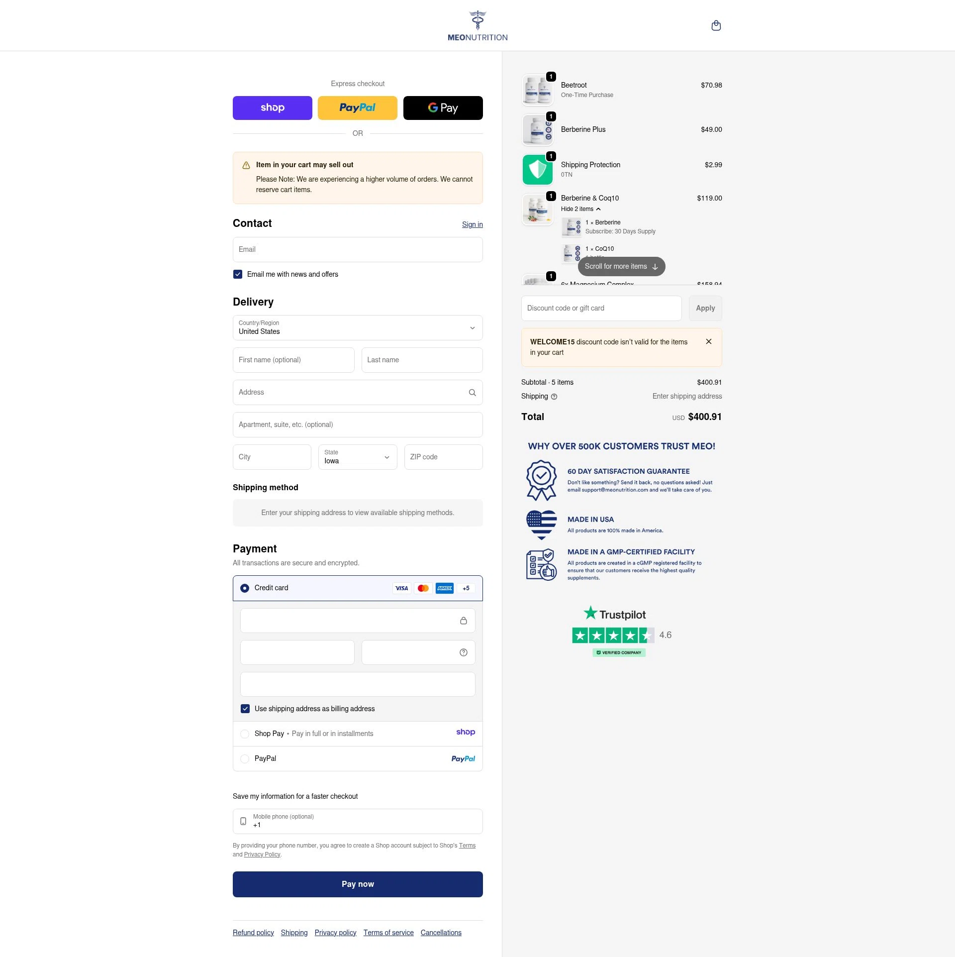 Meo Nutrution checkout page showing Meo Nutrution promo code box | Screenshot taken by SimplyCodes community member on Jan 9, 2026